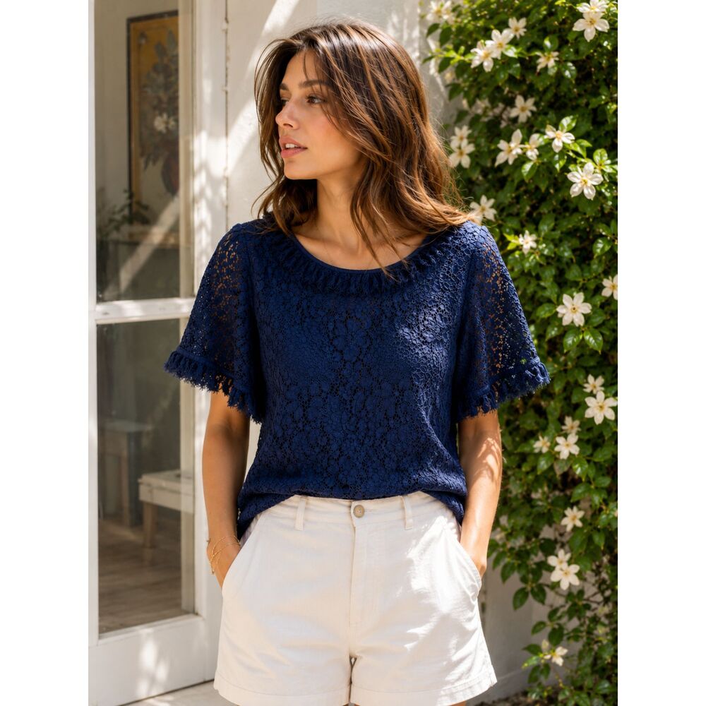Draper James Navy Lace Ruffle Top Small modest Whimsigoth Old Money Quiet Luxury